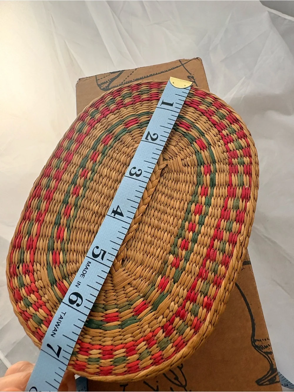 Vintage Boho Style Braided Sweetgrass Basket in Red, green, and natural colors